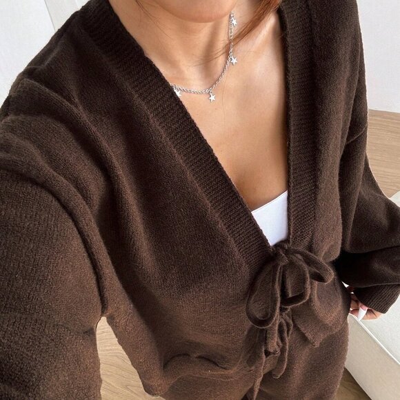 Brown Casual Women's Tie-Front Cardigan And Sweatpants Set - Picture 7 of 7